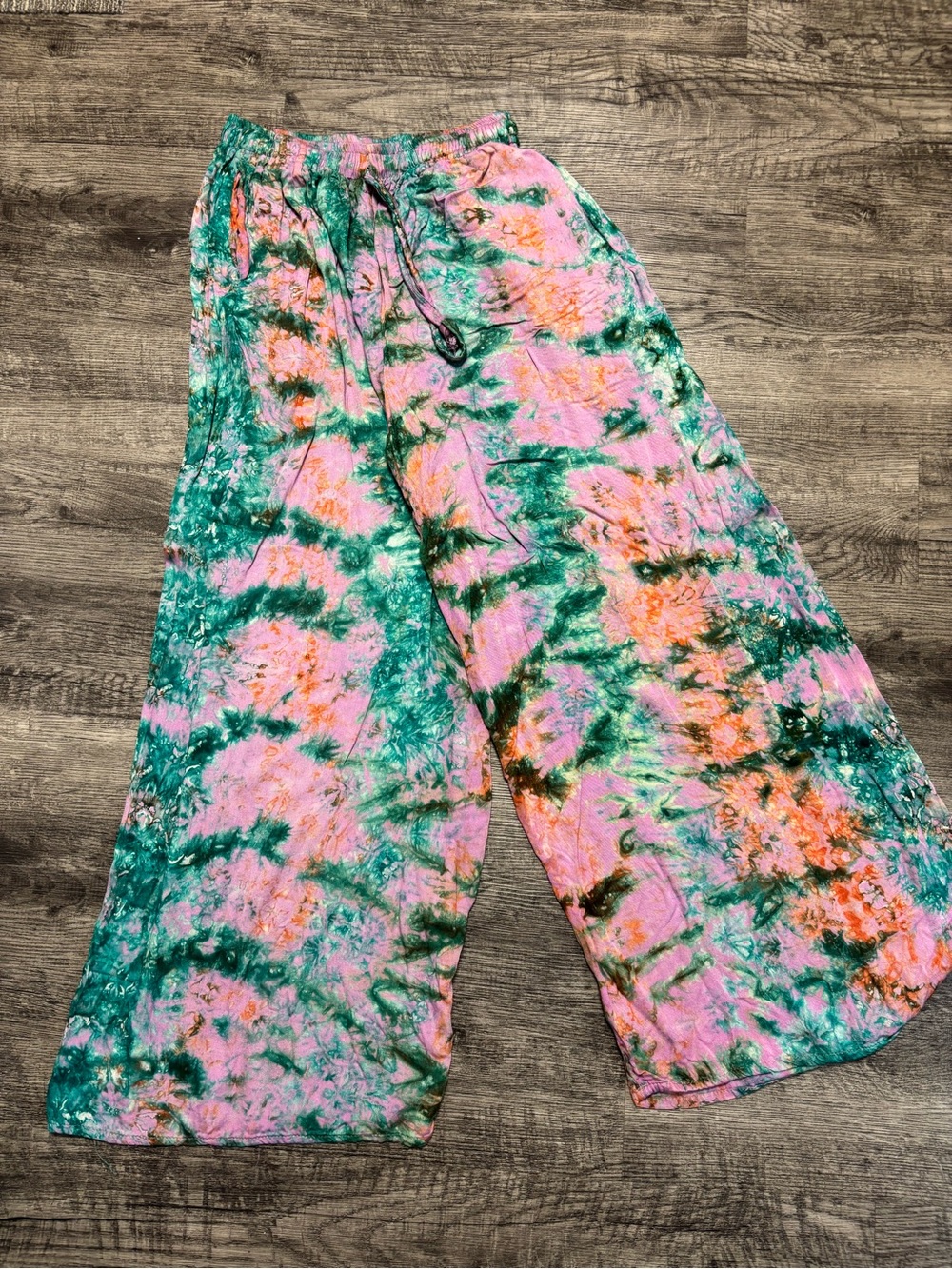 Tie-Dye Wide Leg Womens Pants - Pink & Green